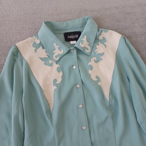 Collectif Western Shirt Womens M Embroidered Pearl Snap Retro Yoke Turquoise - Picture 4 of 11
